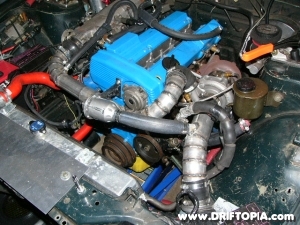 Image showing the larger t3 super 60 turbo installed with the new top mount manifold on the ca18det.