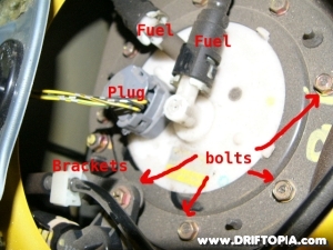 Jpg with labeled top of the s2000 fuel pump assembly.