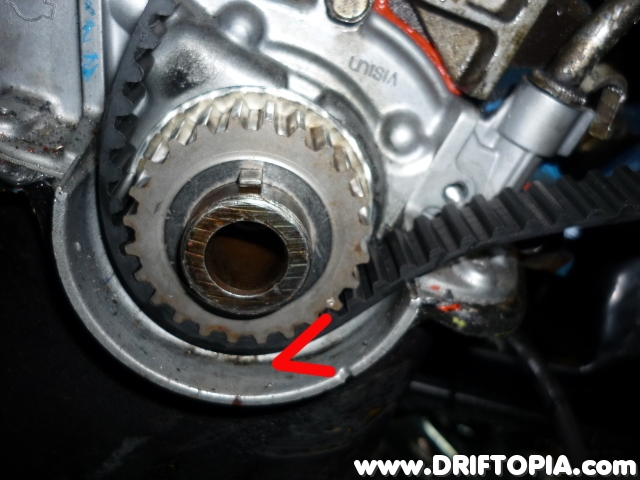 The angle of this image is a little deceptive but if the #1 cylinder is at TDC, the mark on the lower sprocket will line up with the indentation on the lower lip indicated in the picture.