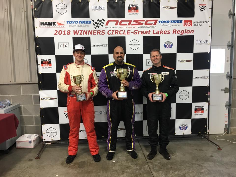 Race one victors, 2018 NASA Great Lakes Bourbon Barrel. 944Spec racers Christopher Simmons (left), Dan Piña (center), Michael Cooper (right).
